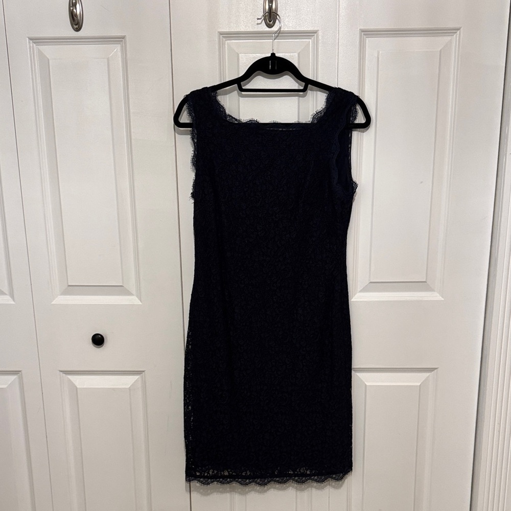 Adrianna Papell Boatneck Lace Sheath Dress in Navy Blue
